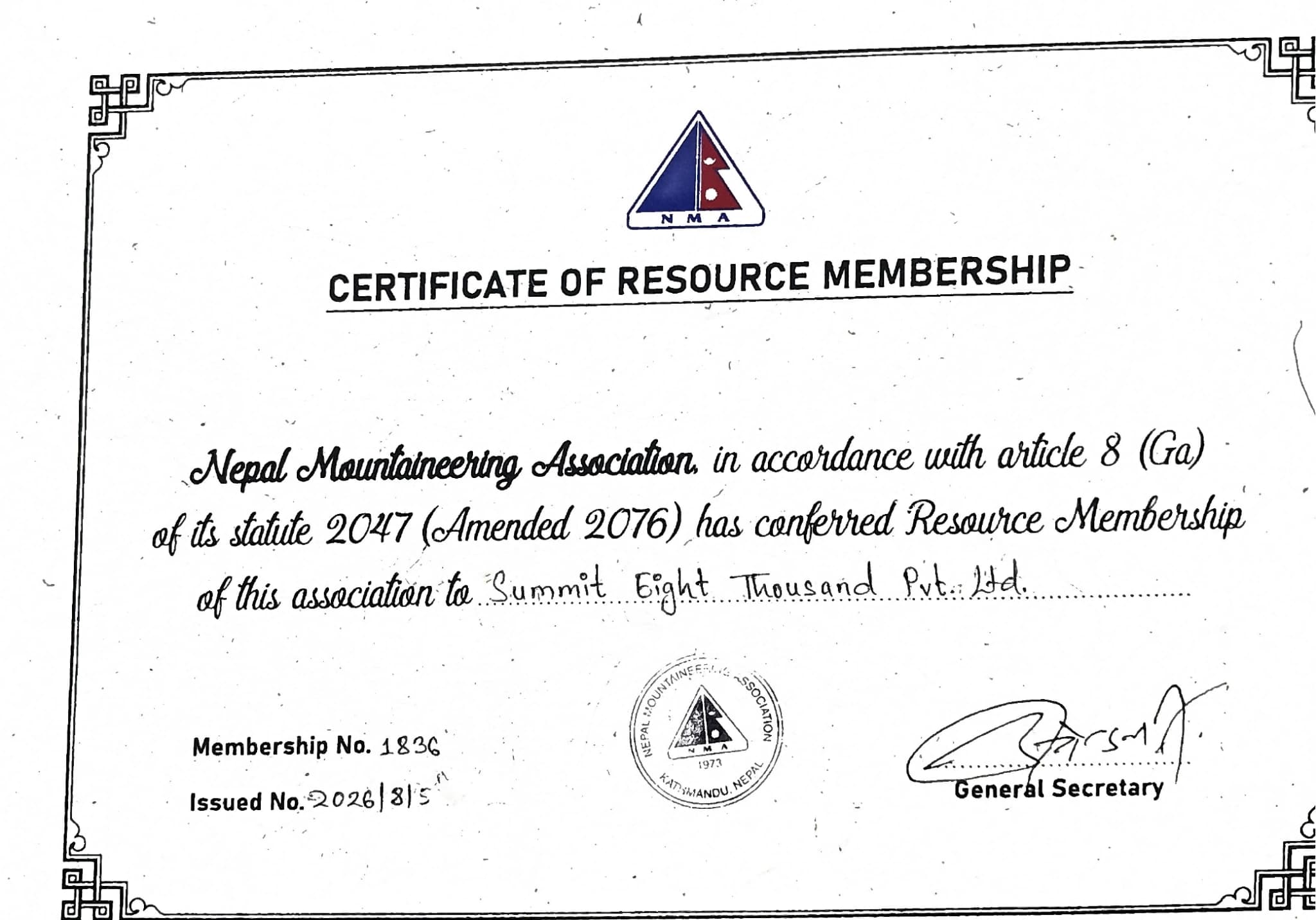 NMA Membership Certificate