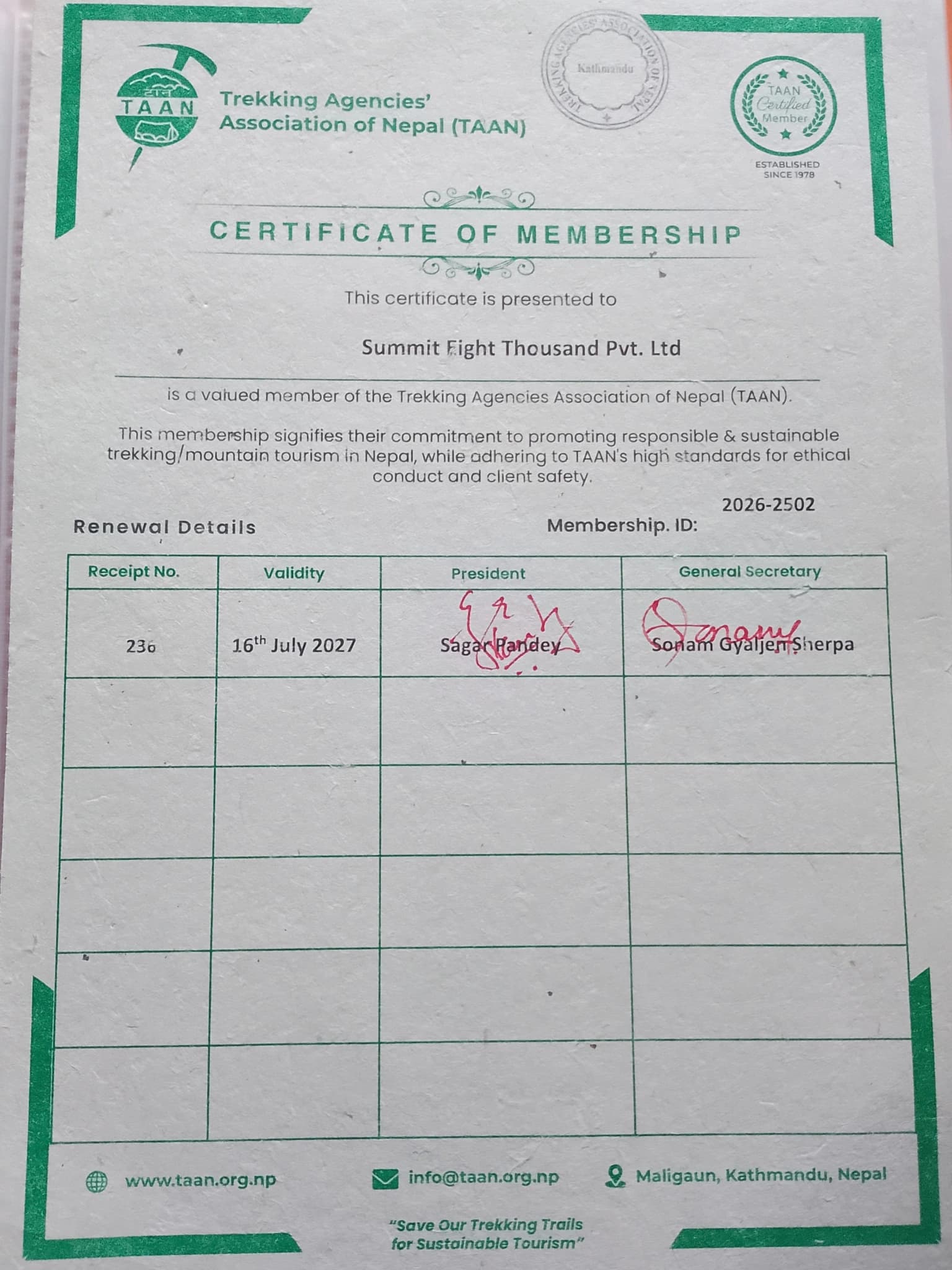 TAAN Certificate